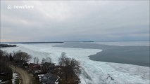 Drone footage above frozen lake in Canada