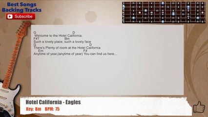 Hotel California - Eagles LOW GUITAR Backing Track with scale, chords and lyrics