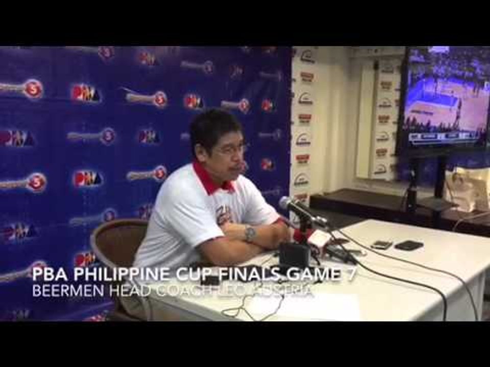 San Miguel Coach Leo Austria answers questions after the Beermen won PBA Philippine Cup 2015