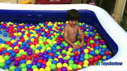 GIANT BALLOONS SURPRISE TOYS and Ball Pit challenge in huge pool Disney toys Ryan ToysRevi