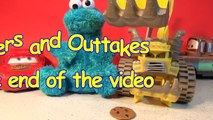 Cookie Monster Count and Crunch eats Pixar Cars Micro Drifters Lightning McQueen, Sally and Mater wi
