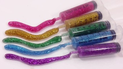 How to Make Rainbow Glitter Syringe Slime Recipe 무지개 반짝이 주사기 액체괴��
