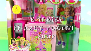 New Toy: Anna and Elsa play with Barbies Sisters Fun Day Yogurt Shop. DisneyToysFan