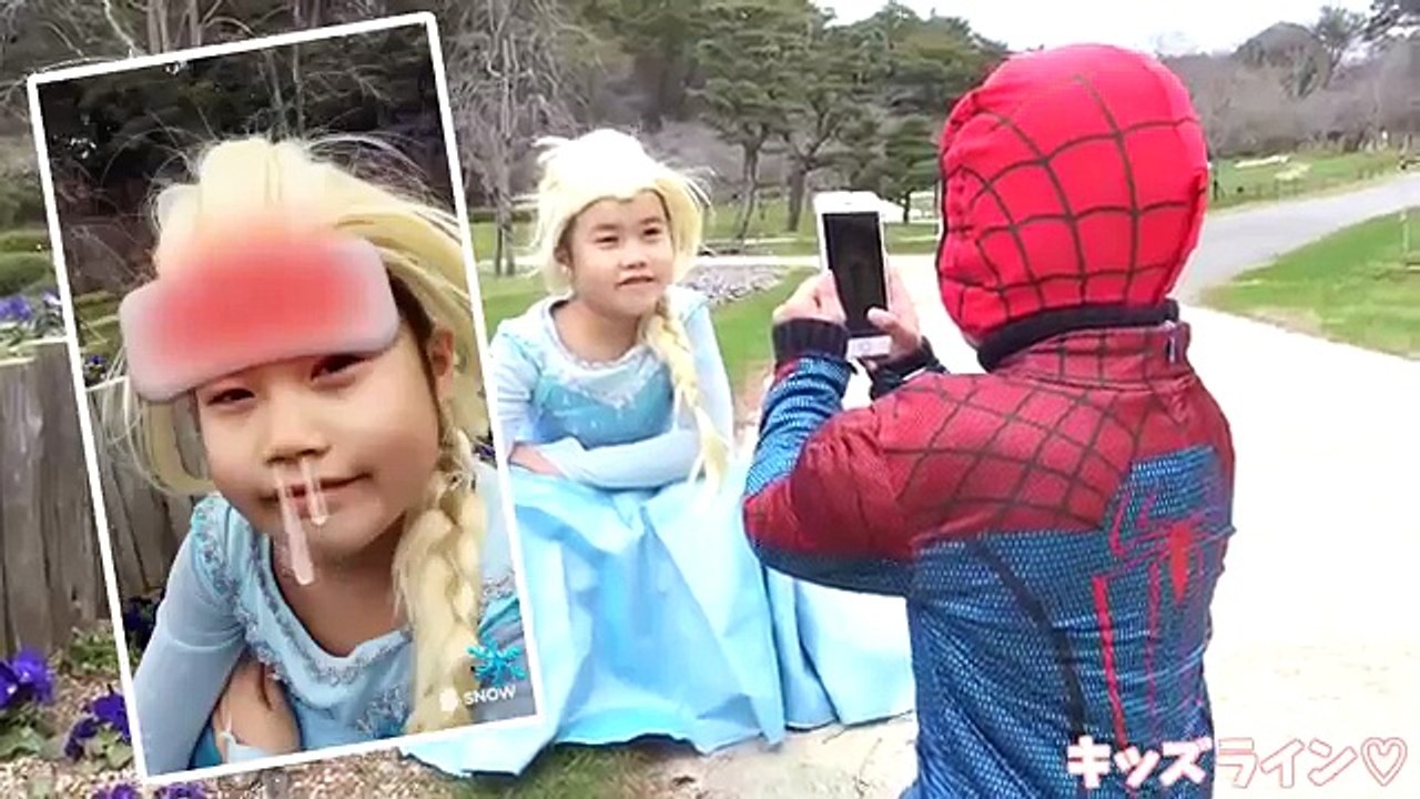 Spiderman VS Frozen Elsa SNOW APP Photography スパイダーマン VS エルサ SNOW アプリで写真撮影