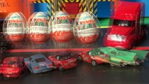 Pixar Cars, 4 Kinder Surprise Eggs for Easter delivered by Team Motor Max Hauler to Flo, Lizzie, Sal