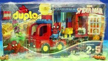 Lego Duplo Spider-Man truck And Spiderman Tangle Green Goblin In Massive Silly String Spider Web