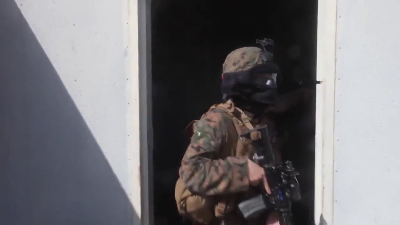 Marines Shooting With Real Firearms But Paintball Ammunition In Very Intense Urban Combat Training