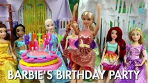 Barbies Birthday Party w/ Frozen Anna Elsa Disney Princess Rapunzel Jasmine Ariel Belle Shopkins