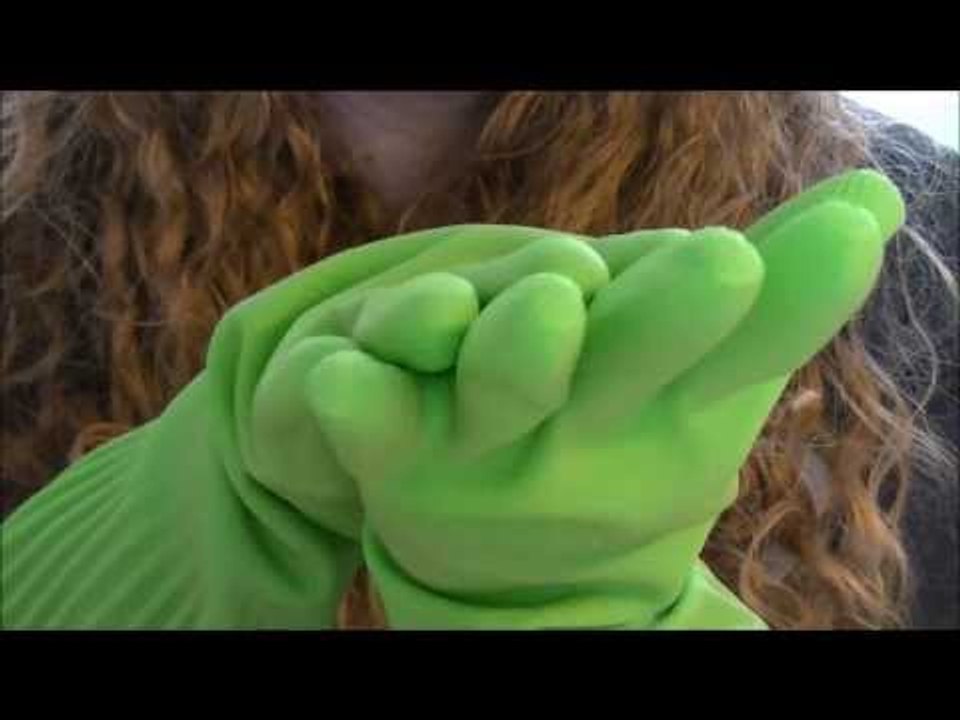 ASMR Sounds With Green Rubber Gloves Touching The Camera + Tapping on Boxes