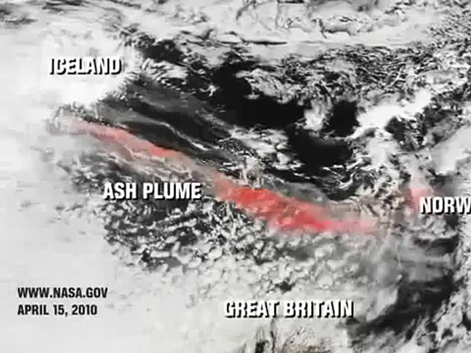 NASA animation - Iceland volcano ash plume moves over Europe