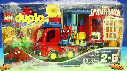 Lego Duplo Spider-Man truck And Spiderman Tangle Green Goblin In Massive Silly String Spider Web