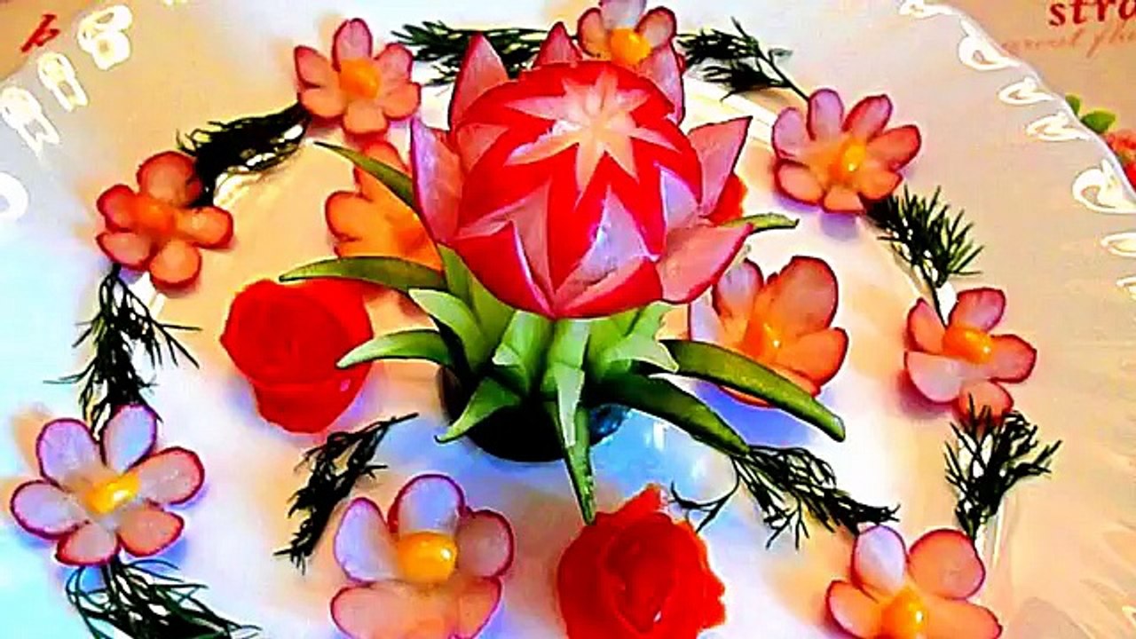 Цветы из редиса! Украшения из овощей! Flowers radish! Decoration of vegetables!
