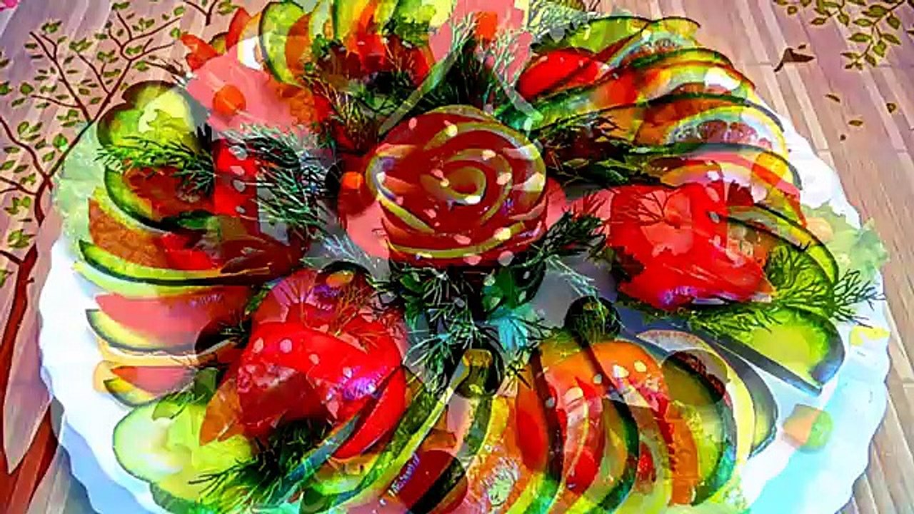 Украшения из помидора и огурца! Decoration of tomato and cucumber!