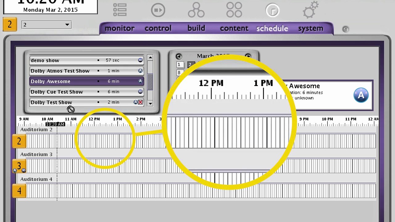Dolby DSS200 Show Manager: Schedule and System Tabs