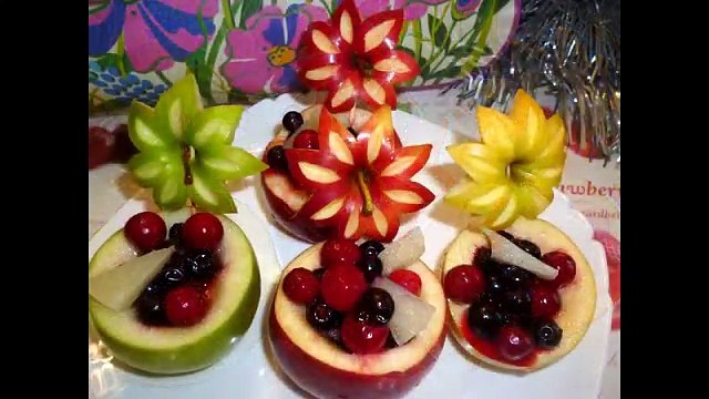 Украшения из фруктов. Карвинг из яблок. Очень красивый десерт! Decorations from fruits
