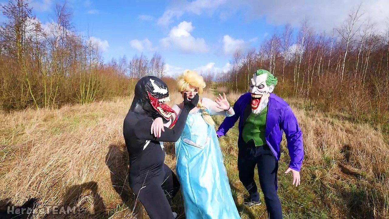 Spiderman & Frozen Elsa vs Venom vs Joker - Spiderman Saves Elsa - Superhero Fun Movie in Real Life!