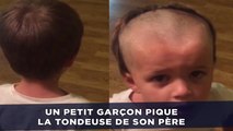 Un petit garçon pique la tondeuse de son père