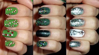 3 Easy Nail Art for Christmas- Candy Cane, Glitter, Tree - 3 идеи дизайна- Рождественский маникюр