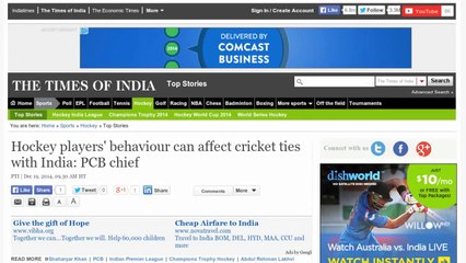 'Hockey Players' Behaviour Can Affect Cricket Ties With India' - TOI