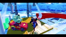 The Amazing Spiderman rides Snow Bikes & Hulk Venom have Fun in Toboggan   race Disney Car