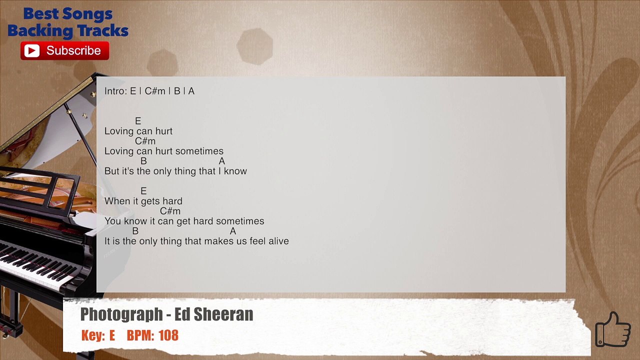 Photograph - Ed Sheeran (PIANO BACKGROUND) Guitar Backing Track with  scale, chords and lyrics