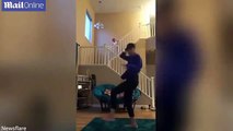 Hilarious moment dancer is video-bombed by his little sister while he practices his dance routine