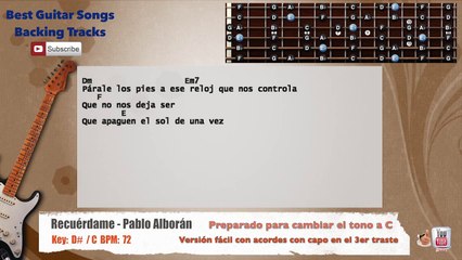 Recuerdame - Pablo Alboran Guitar Backing Track with scale, chords and lyrics