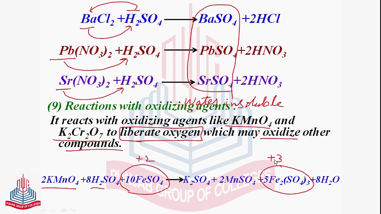 Reactions of Sulphuric Acid ( With Benzene , Precipitation Reactions & Reaction with Oxidizing Agents ) & Uses of Sulphuric Acid