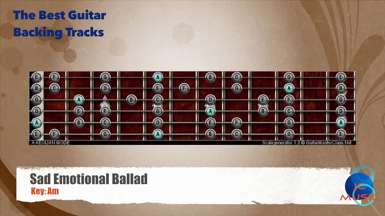 Sad Emotional Ballad Am Guitar backing track with scale map