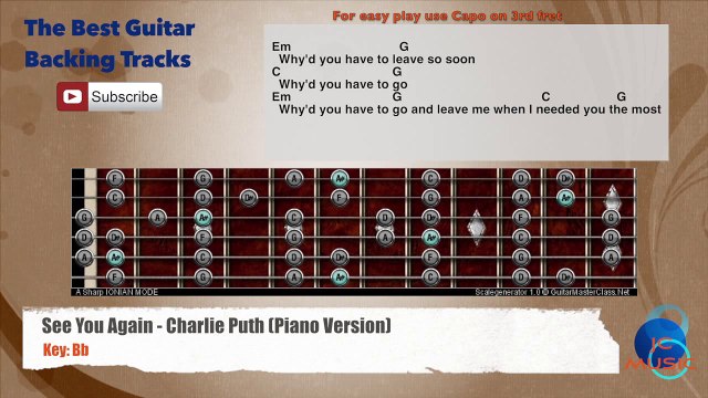 See You Again - Charlie Puth (Piano version) Guitar Backing Track with scale, chords and lyrics