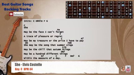 She - Elvis Costello Guitar Backing Track with scale, chords and lyrics