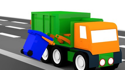 Dessin animé en 3D pour enfants. Quatre voitures colorées camion poubelle