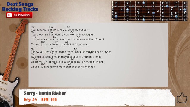 Sorry - Justin Bieber Guitar Backing Track with scale, chords and lyrics