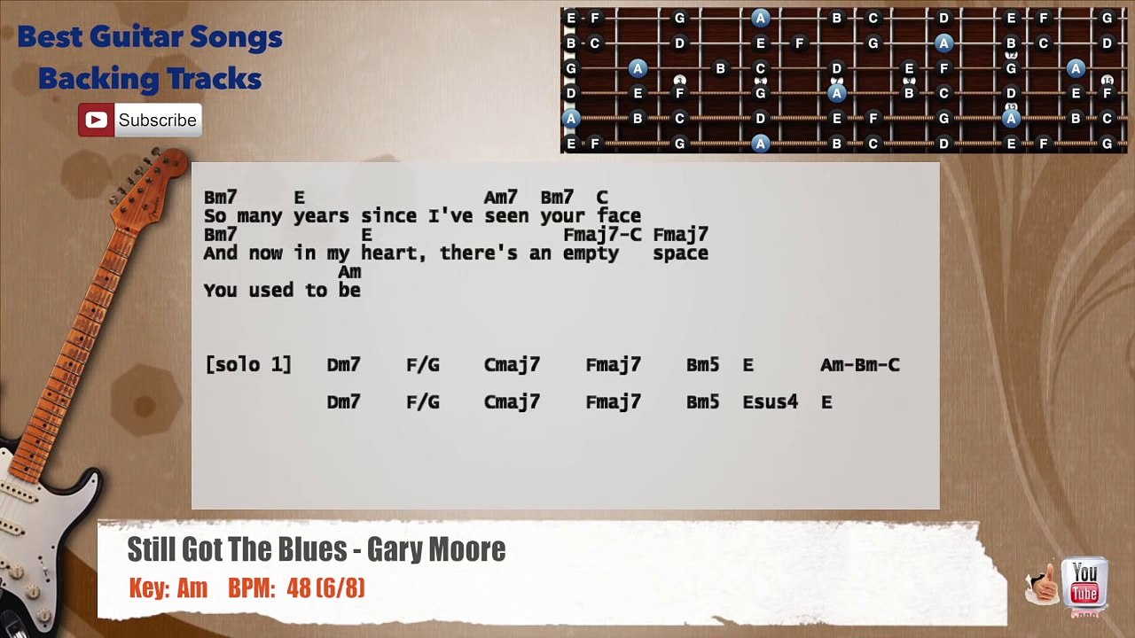 Still Got The Blues - Gary Moore Guitar Backing Track with vocal, chords and lyrics