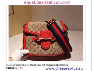 Gucci Lady Web GG Canvas Shoulder Bag with Hibiscus Red Leather Replica