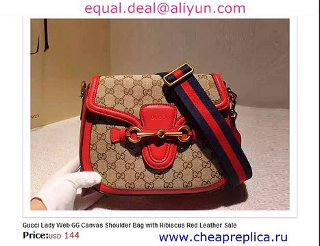 Gucci Lady Web GG Canvas Shoulder Bag with Hibiscus Red Leather Replica
