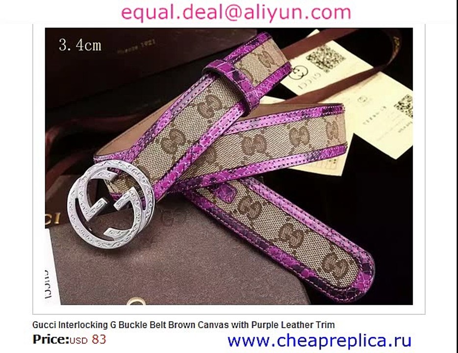 Gucci Interlocking G Buckle Belt Brown Canvas with Purple Leather Trim Replica for Sale