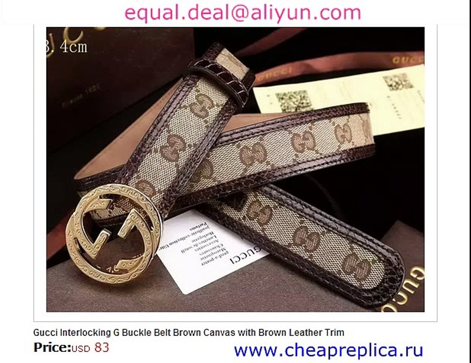 Gucci Interlocking G Buckle Belt Brown Canvas with Brown Leather Trim Replica for Sale