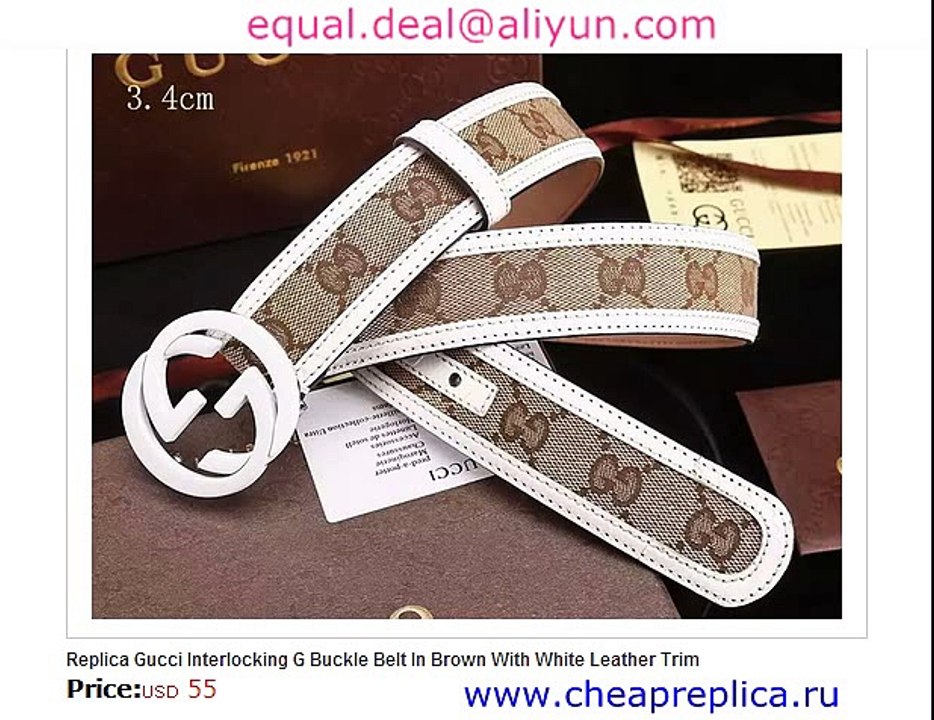 Replica Gucci Interlocking G Buckle Belt In Brown With White Leather Trim for Sale