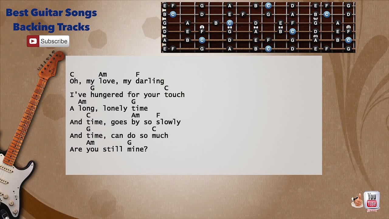 Unchained Melody - Righteous Brothers Guitar Backing Track with scale, chords and lyrics