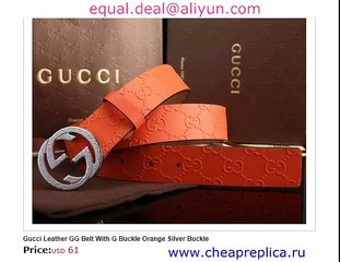 Gucci Leather GG Belt With G Buckle Orange Silver Buckle Sale