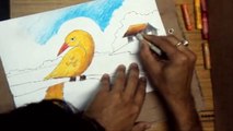 How to Draw a Scenery with Oil Pastels | Drawing a Bird sitting on branch
