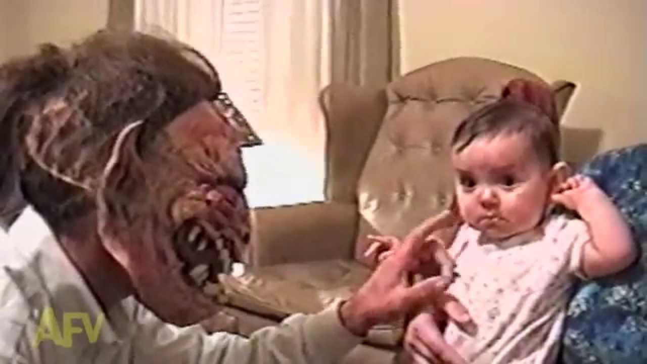 Baby more afraid of dad's face than monster mask