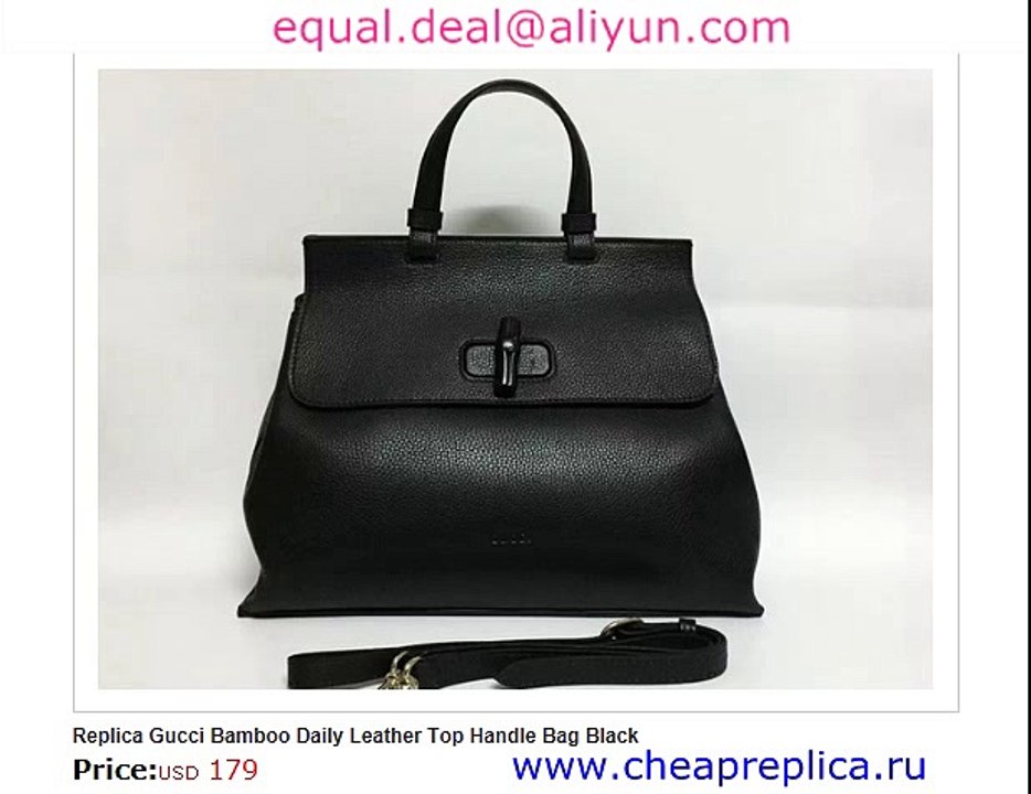 Replica Gucci Bamboo Daily Leather Top Handle Bag Black for Sale
