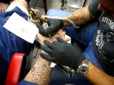 Joseph Bowen tattooing with Special Technique Rotary Machines shader Copper pot # 1