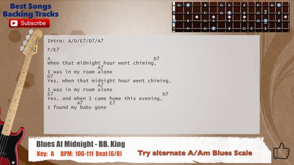 Blues At Midnight - BB. King Bass Backing Track with scale, chords and lyrics