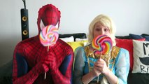 SPIDERMAN vs FROZEN ELSA - Gummy JOKER TONGUE & Giant Lollipop! Superhero Fun in Real Life