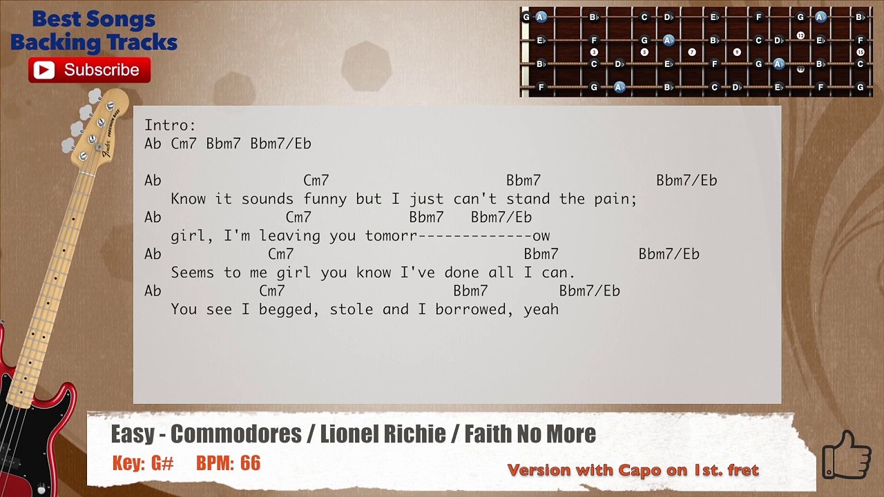 Easy - Commodores _ Lionel Richie _ Faith No More Bass Backing Track with scale, chords and lyrics