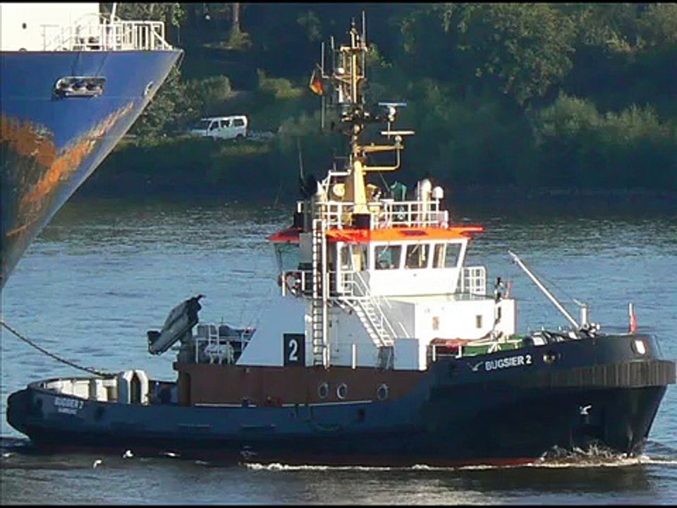 Big Container ship CMA CGM Norma  and Tugs Bugsier 2 and Bugsier 9  on Elbe