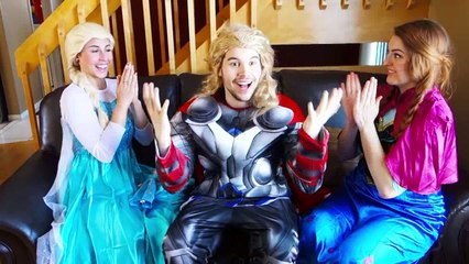 Frozen Elsa  Anna vs Thor Hammer Hulk Frees Elsas Magic Wand Superhero Fun In Real Life
